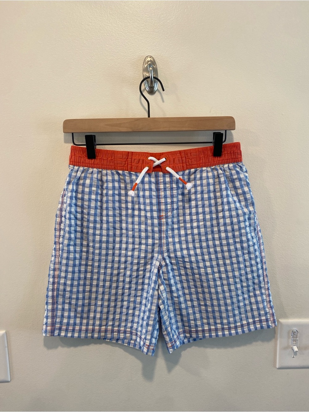 Mini Boden boys Gingham Print Board Shorts swim trunks size 13-14 blue
